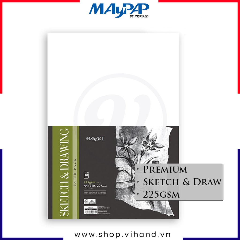 Tập giấy vẽ nghệ thuật MayArt Sketch & Drawing Paper Pack 225gsm – 10 tờ