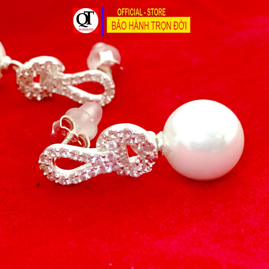 Bông tai nữ ngọc tròn size 10 ly dáng dài chốt đeo sát tai gắn đá trắng cao cấp trang sức Bạc Quang Thản - QTBT149