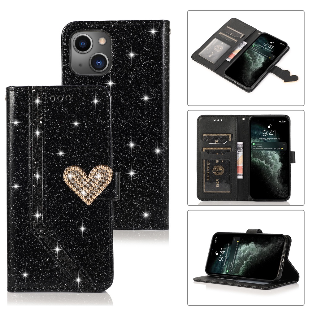 Bao Da Điện Thoại Nắp Lật Kèm Ngăn Đựng Thẻ Khóa Nam Châm In Hình Trái Tim Cho iphone 13 12 11 pro max x xr xs 7 8 plus Ốp