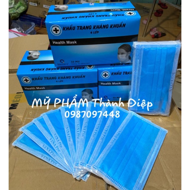 [Mã COSHOT06 hoàn 10% xu đơn 250K] Khẩu trang 4 lớp vinapro xanh ( 1 hộp /50 cái )