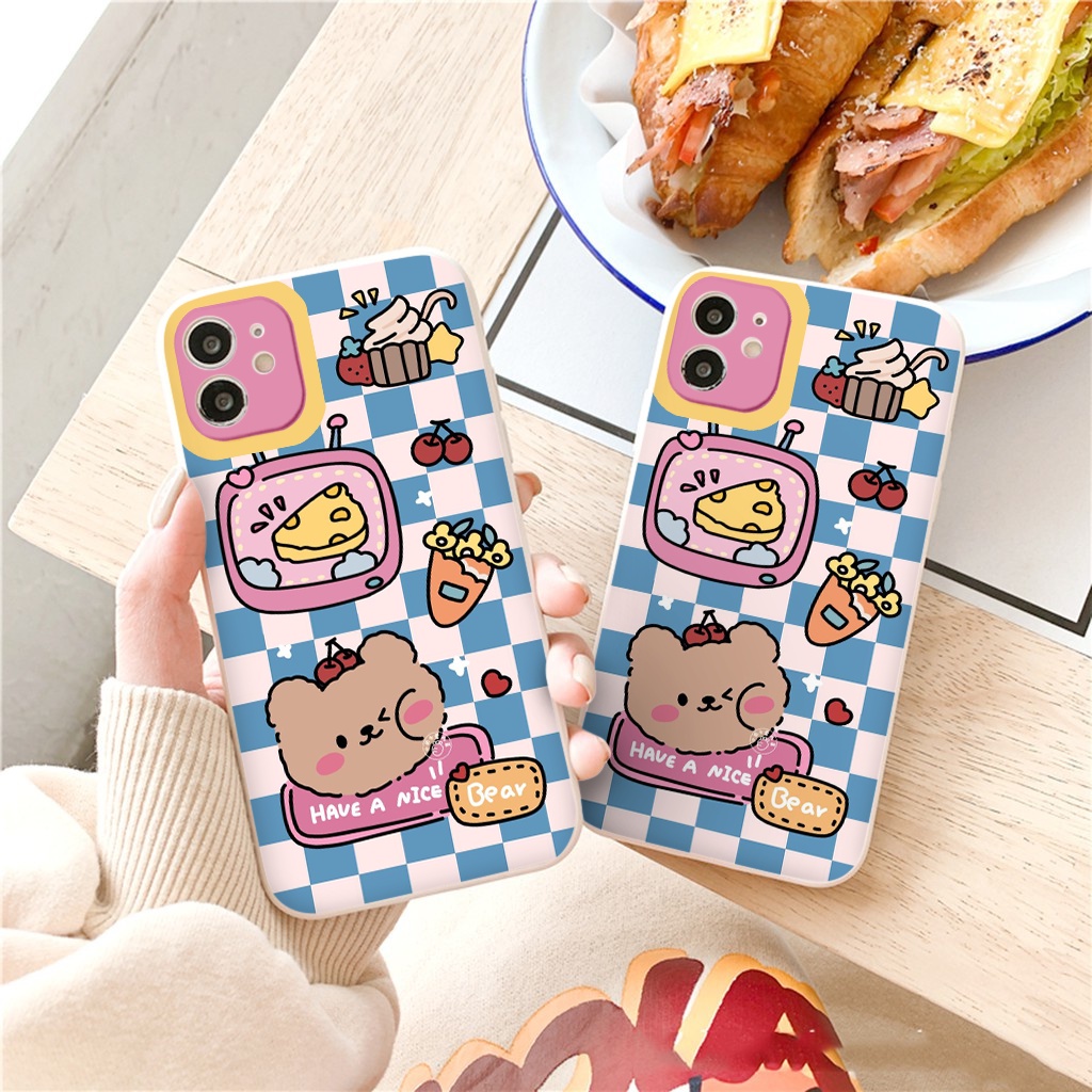 Ốp điện thoại iphone bảo vệ camera caro xanh gấu bear ốp iPhone 13 6/7/8/Plus/X/Xr/11/Pro/Max/12/promax vuông cạnh