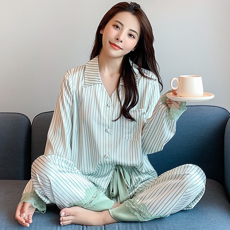 Bộ Đồ Ngủ Pijama Tay Dài Phối Ren Họa Tiết Kẻ Sọc Ngọt Ngào Thời Trang Xuân Thu Cho Nữ