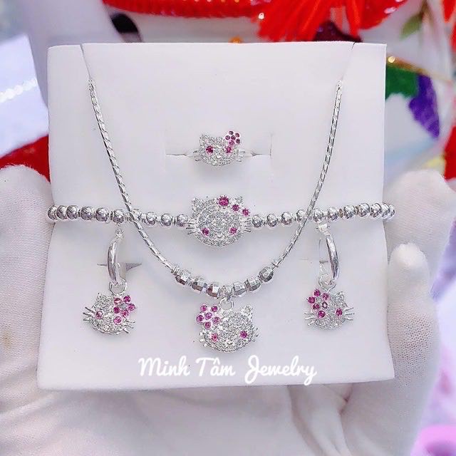 Bộ trang sức Mèo Kitty nạm đá bạc ta cho bé-tách set bán lẻ
