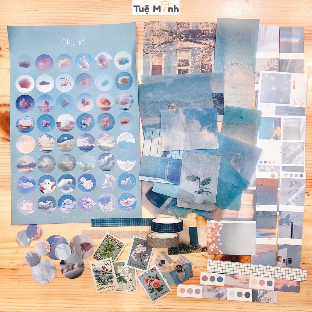 Trọn bộ trang trí Bullet journal Blue gồm sticker, washi tape tông xanh dương Luv107