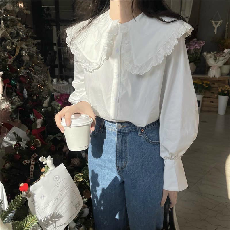 Áo sơ mi nữ dài tay cổ bèo ren tay bồng dáng rộng phong cách tiểu thư ulzzang 2 màu | BigBuy360 - bigbuy360.vn