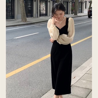Váy nhung đen tay bồng dáng dài