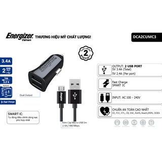Sạc Ô tô Energizer DCA2CUMC3 & Cáp Micro USB
