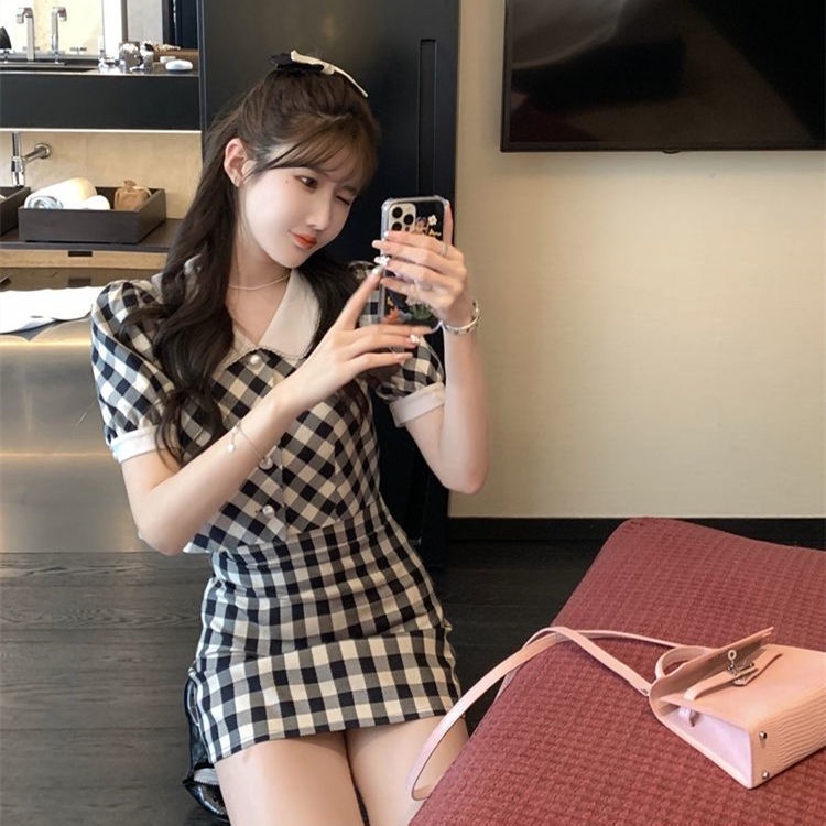 Set Áo Tay Ngắn Cổ Búp Bê Kẻ Sọc Caro + Chân Váy Ngắn Thời Trang Mùa Hè Phong Cách Mới Dành Cho Nữ 2022