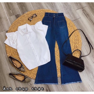 Set áo bèo tay + quần jean ống rộng