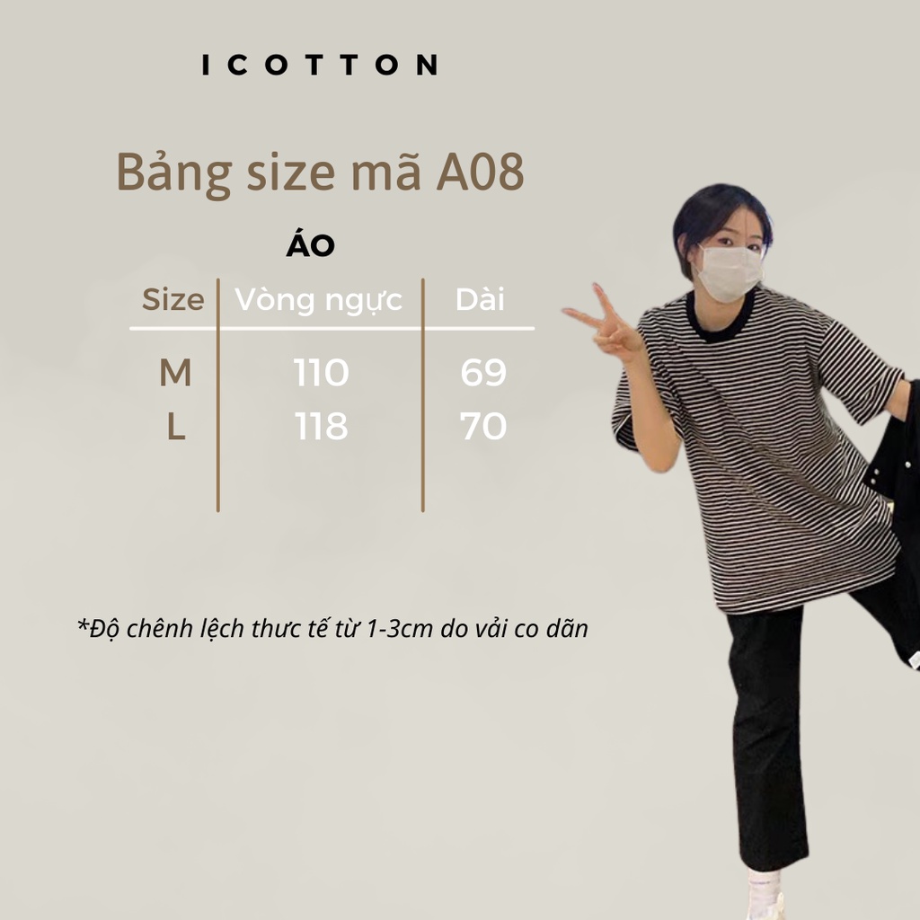 Áo thun nữ tay lỡ form rộng Icotton  áo phông nữ dáng rộng sọc ngang mềm mại cá tính