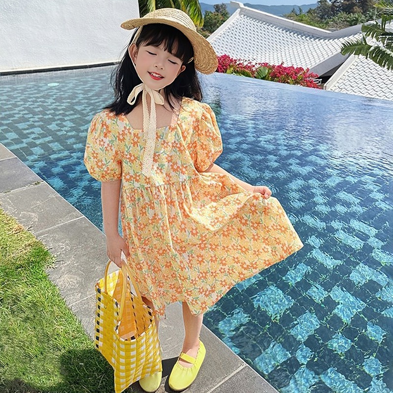 Đầm Công Chúa Tay Phồng Cổ Vuông Hở Lưng In Họa Tiết Hoa Phong Cách Hàn Quốc Đơn Giản Dành Cho Bé Gái