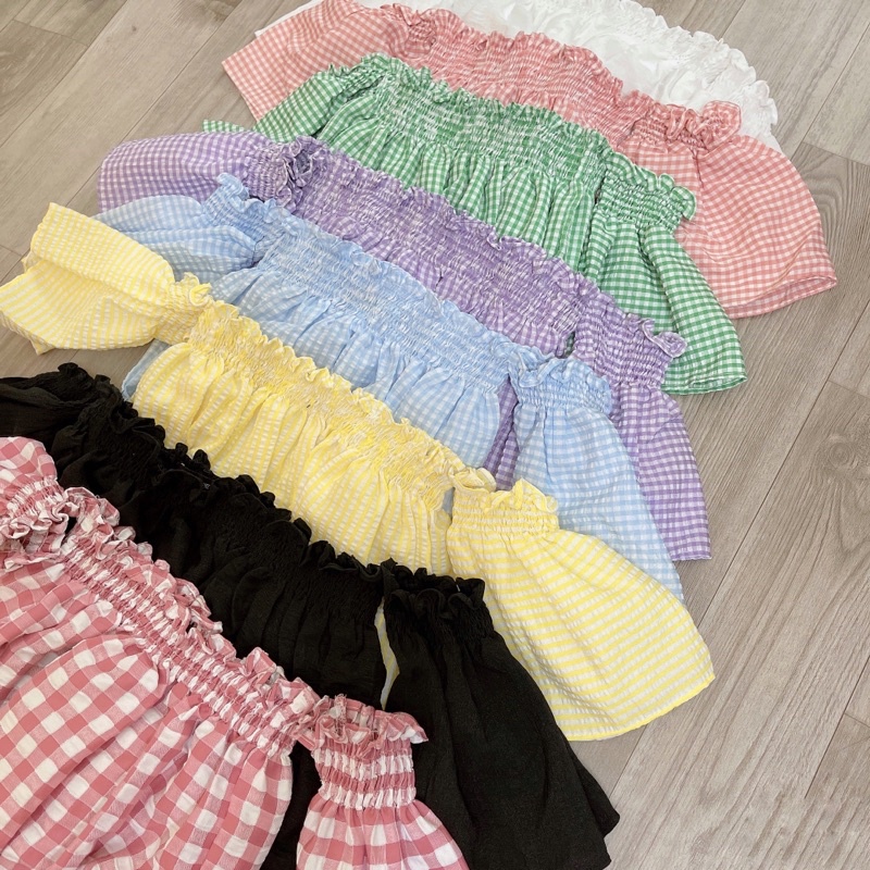 Áo Trễ Vai Tay Phồng Croptop Pikabee 8 màu