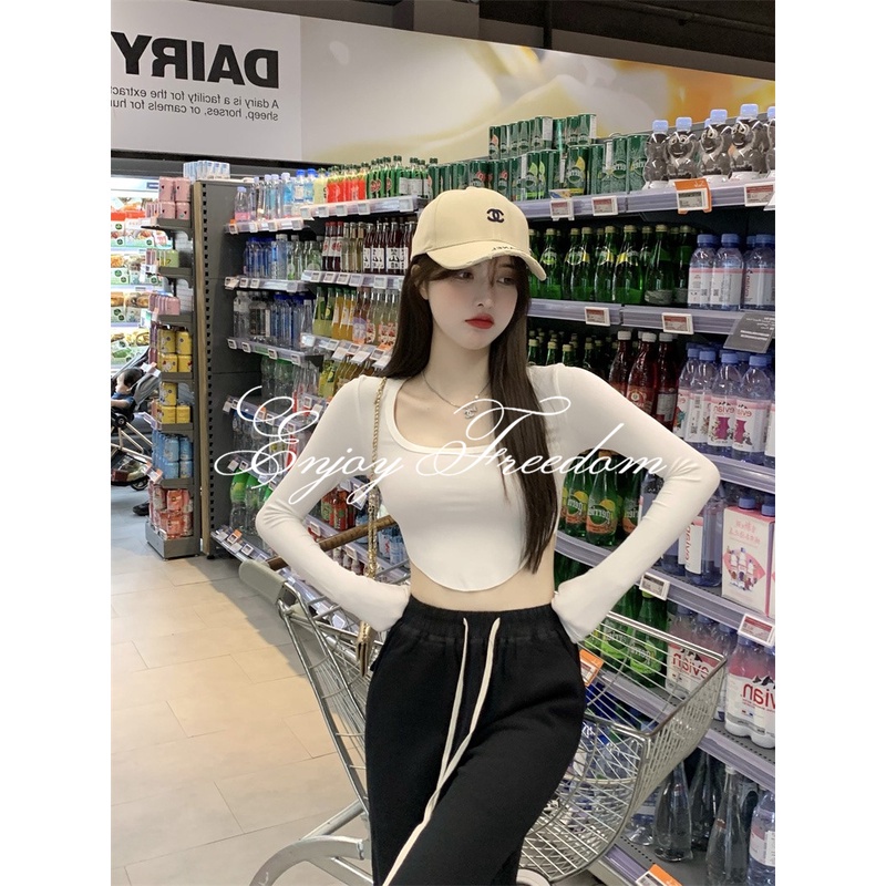 Enjoy Freedom Áo Thun Tay Dài Cổ Chữ U Thiết Kế Không Đồng Đều Thời Trang 2022 Mới Cho Nữ áo croptop