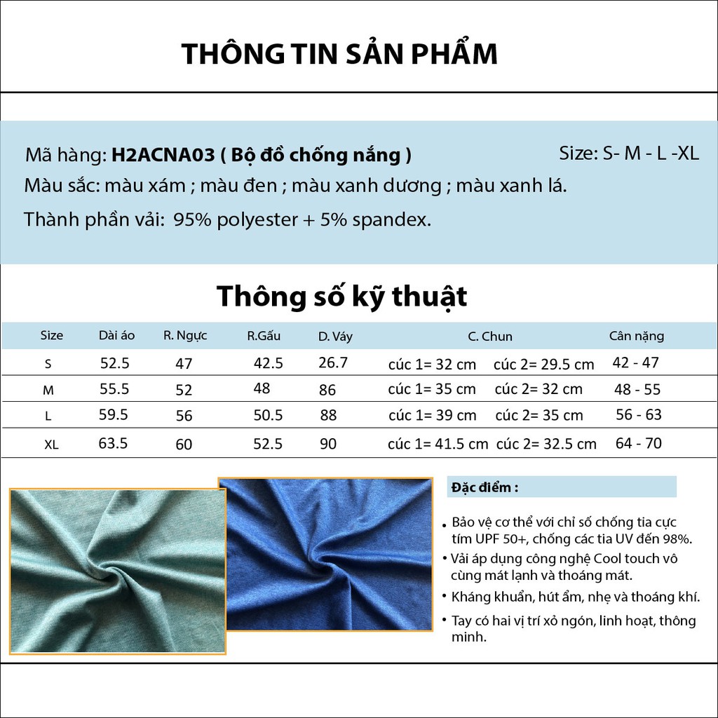 Đồ bộ áo váy chống nắng toàn thân nữ PALVIN, tách rời, có mũ, chống tia UV - H2ACNA03