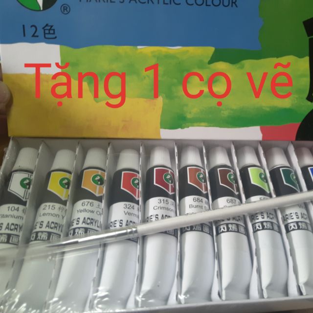 BỘ 12 MÀU VẼ ACRYLIC MÀU MARIES, Tặng 1 CỌ VẼ