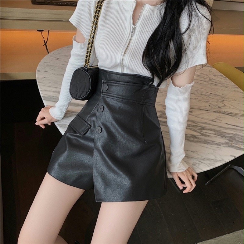 QUẦN GIẢ VÁY DA - Short da nữ cạp cao vạt lệch 3 khuy