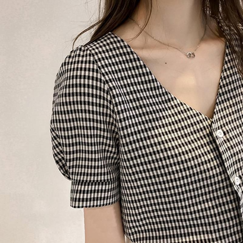 Áo Sơ Mi Tay Ngắn Dáng Rộng Cổ Chữ V Kẻ Ca-Rô Trẻ Trung Thanh Lịch Hợp Thời Trang