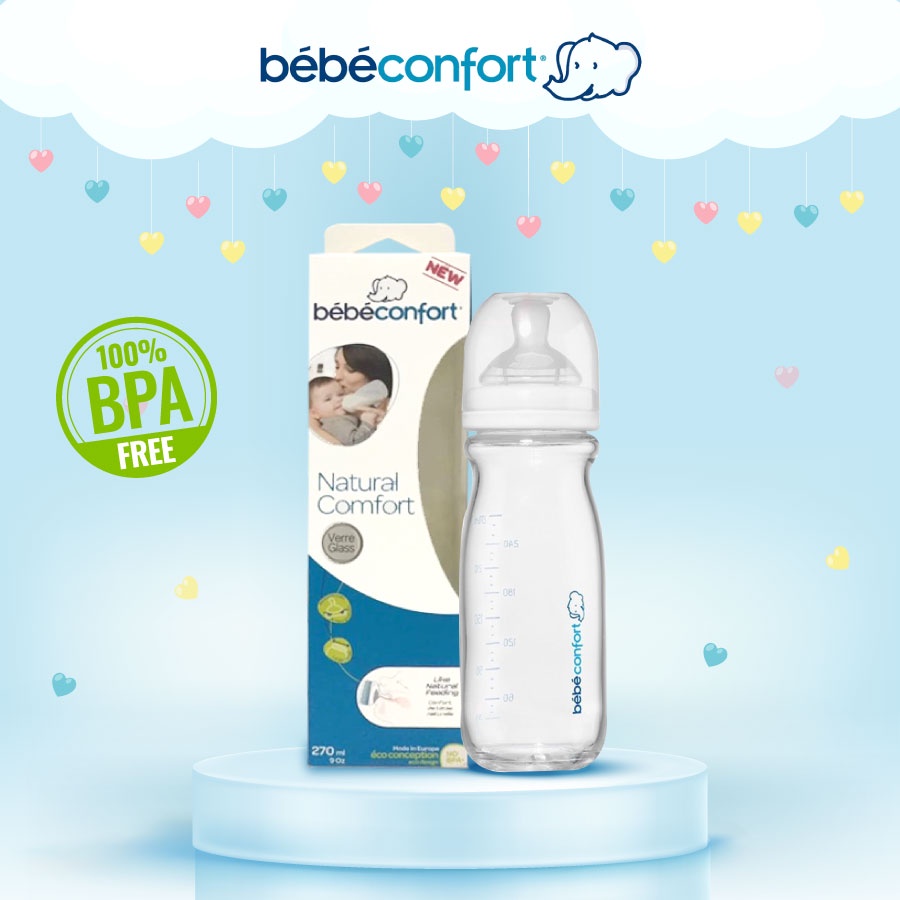 Bình sữa cho bé sơ sinh chống sặc nhập khẩu cổ rộng Bebeconfort thủy tinh made in Pháp 130ml &amp; 270ml