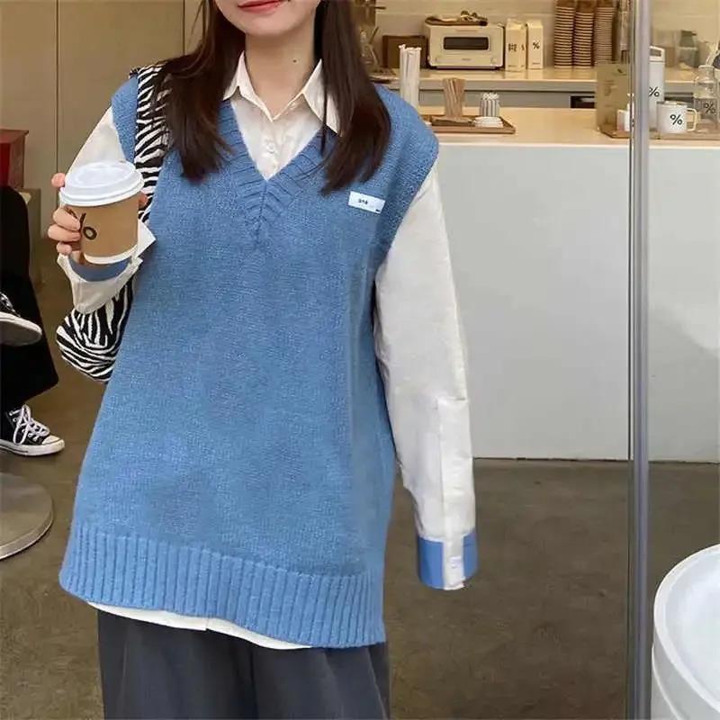 Áo sweater không tay cổ chữ V dáng rộng năng động thời trang phong cách Nhật Hàn