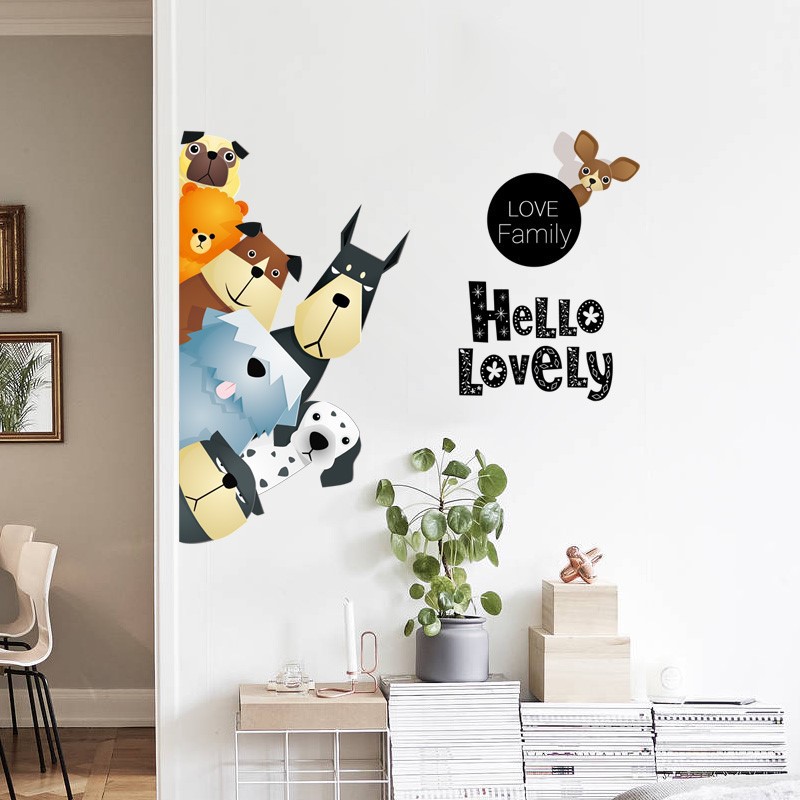 Decal dán tường cho bé, tranh dán tường Hàn Quốc sticker trang trí phòng trẻ em hình động vật (Chó Ngộ Nghĩnh)