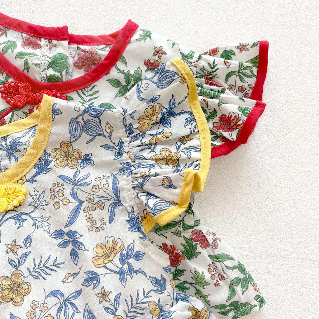 Bộ Áo Liền Quần Kiểu Sườn Xám Tay Cánh Tiên Phong Cách Trung Hoa Xinh Xắn Cho Bé Gái