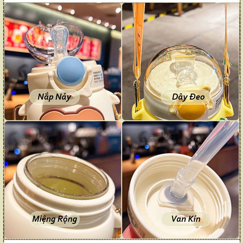 Bình nướ cho bé cute có ống hút hình gấu. Bình nước cho bé đi học có dây đeo, Dung tích 720ml mã B17
