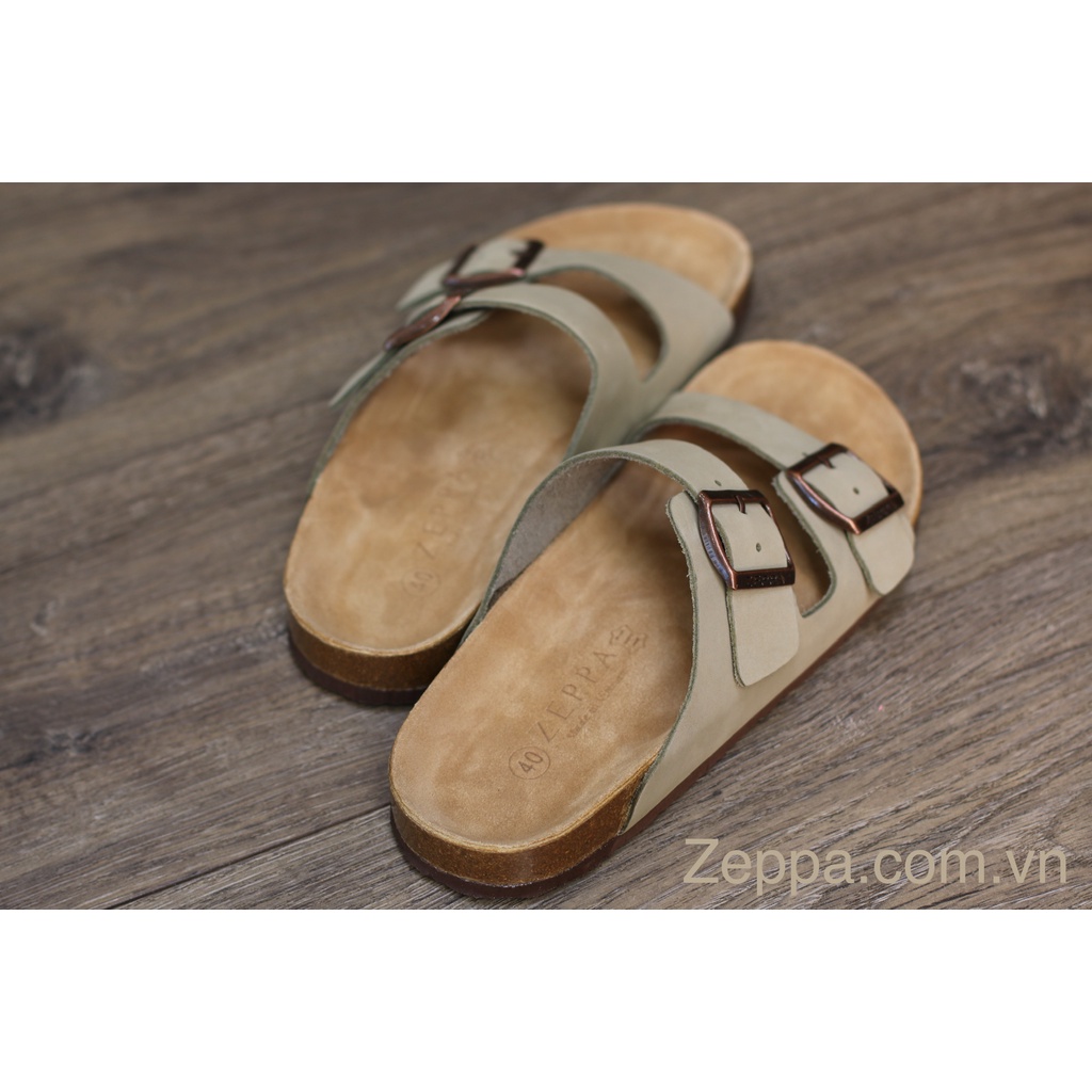 ZEPPA chính hãng - Da bò thật 100% - Dép 2 quai ngang bản lớn màu xám xanh rêu MS: DX6 (Size: 36-46) - Dép đế trấu da bò