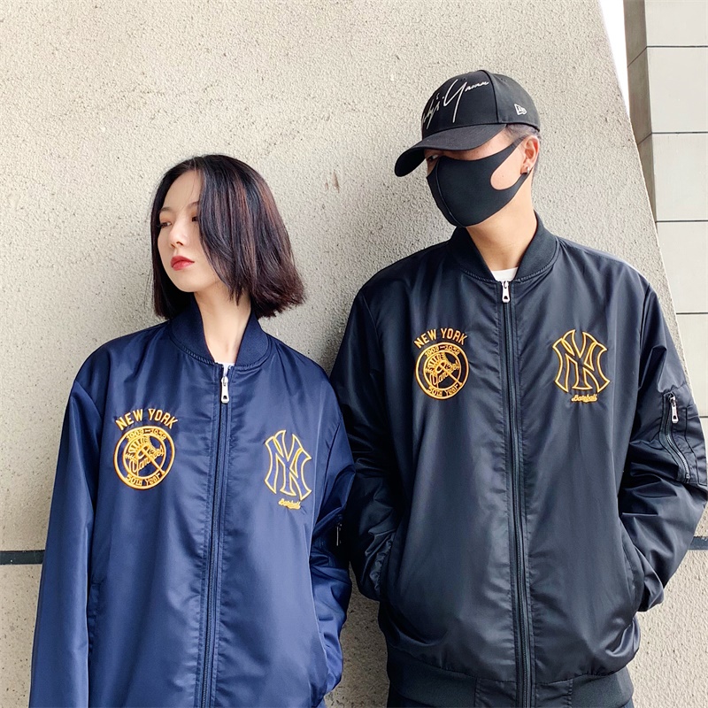 Áo Khoác Bomber Thêu Logo MLB NY Màu Trơn Phối Khóa Kéo Cá Tính Cho Nam Và Nữ