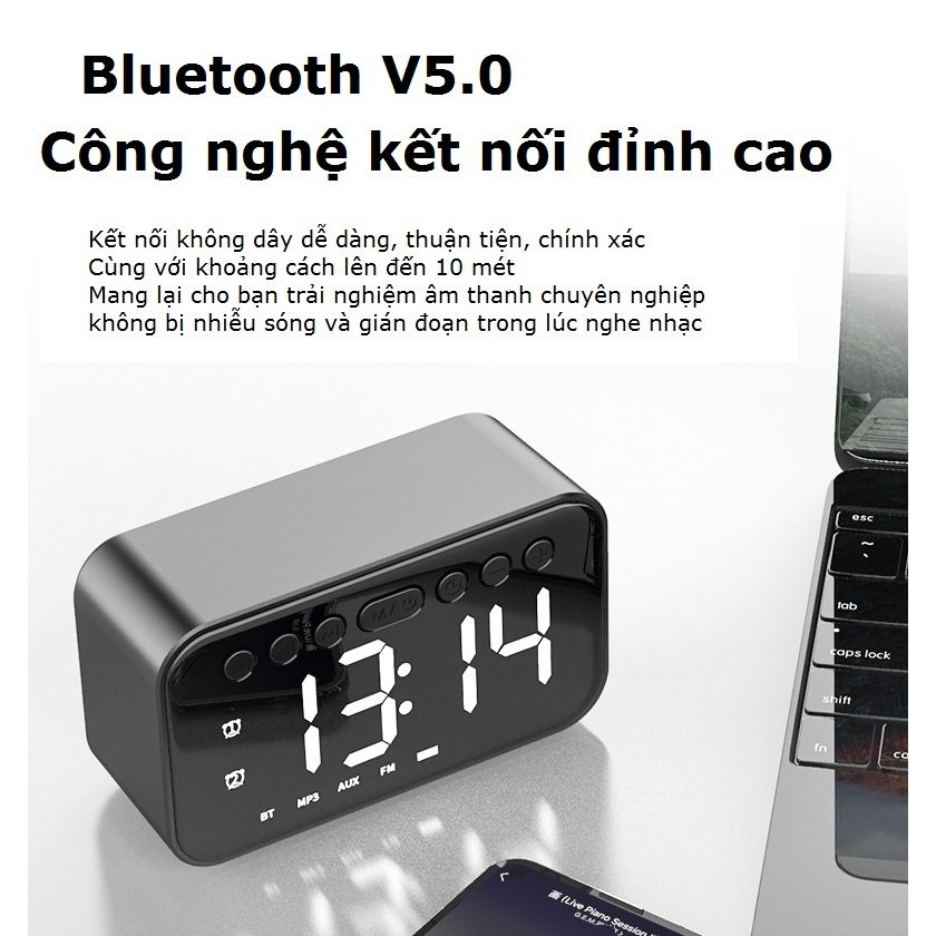 Loa bluetooth kiêm đồng hồ báo thức A5 màn hình đèn led tráng gương hỗ trợ usb thẻ nhớ đài fm