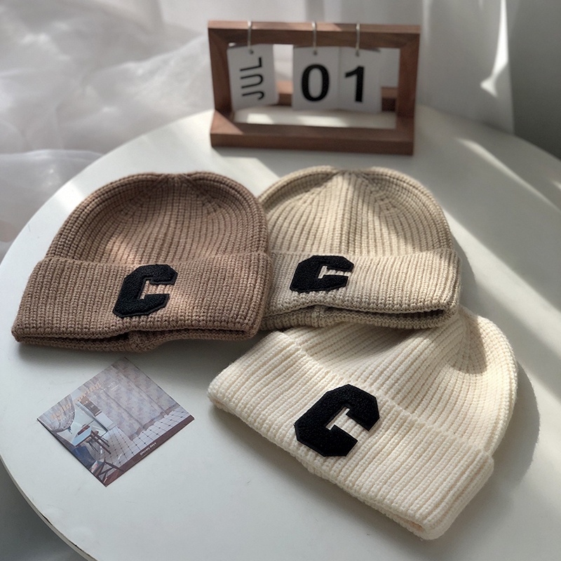 Mũ Len Cotton Màu Trắng In Chữ C Phong Cách Hàn Quốc Thời Trang Thu Đông Cho Nữ