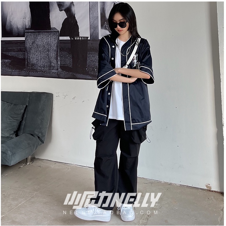 Áo sơ mi bóng chày  UNISEX rộng thụng phong cách Hàn Quốc