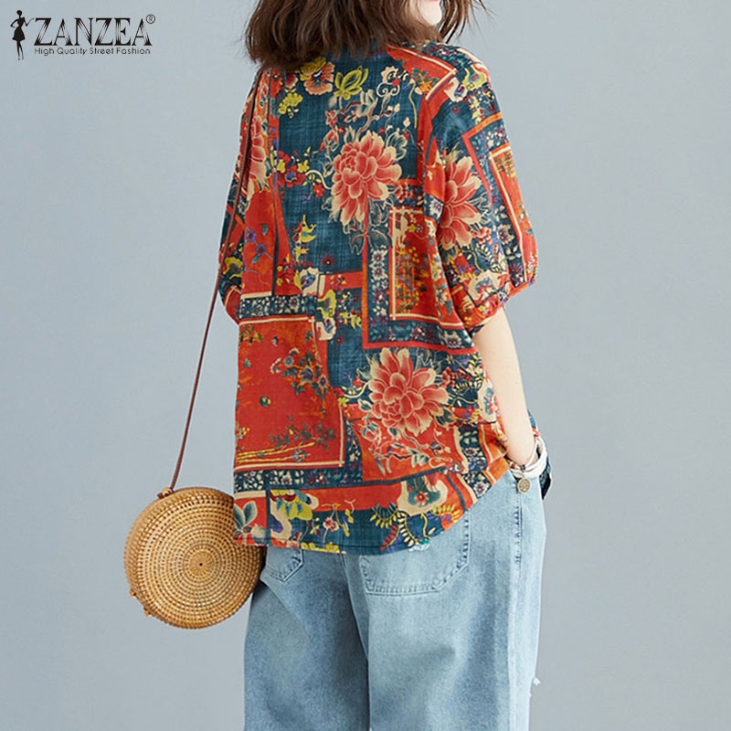 ZANZEA Áo Kiểu Nữ Ngắn Tay Cổ Tròn Thời Trang Hàn