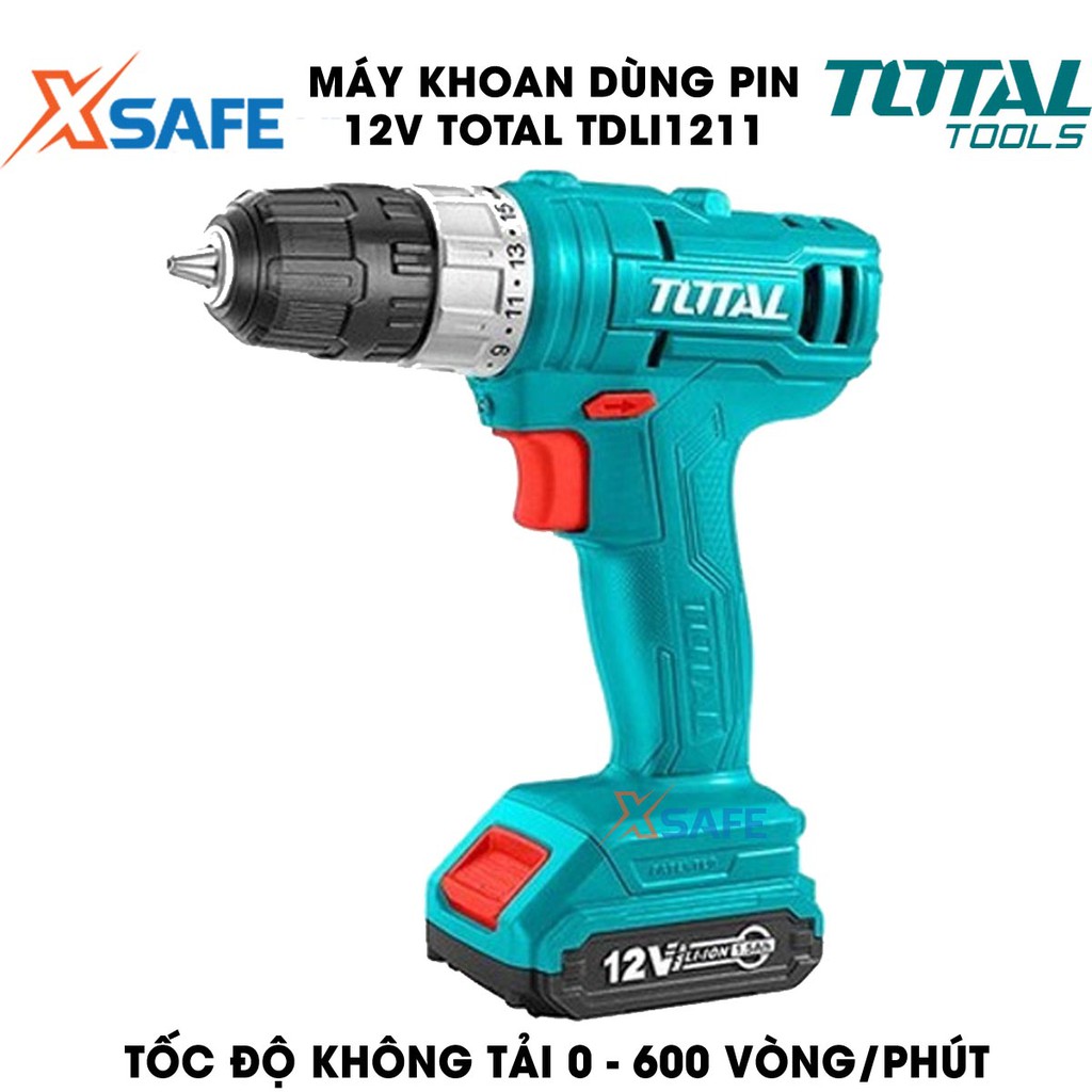 Máy khoan dùng pin 12V TOTAL TDLI1211 Kèm 1 Pin 1.5Ah 1 Sạc 2 mũi vít CR-V 65mm Máy khoan cầm tay lực siết tối đa 20N.m