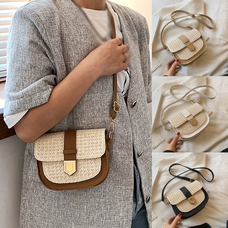 Túi cói đeo chéo vai/đeo một bên vai phong cách Tây phương cổ điển mùa hè thanh lịch cho nữ