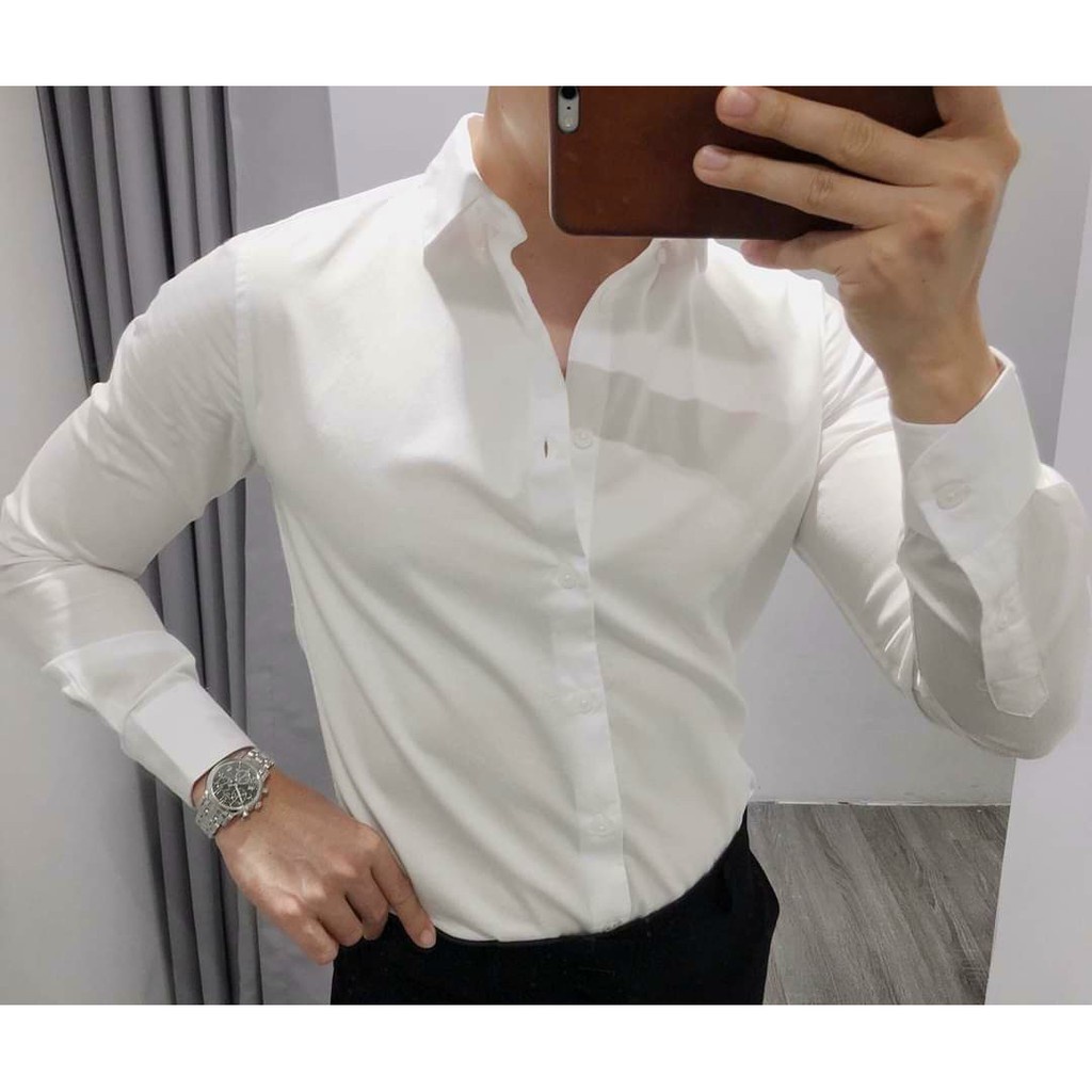 Áo Sơ Mi Nam Dài Tay Dáng Ôm Cổ Bẻ Hàn Quốc Vải Lụa Nến,Không Nhăn, Thấm Hút Mồ Hôi  Sumy fashion