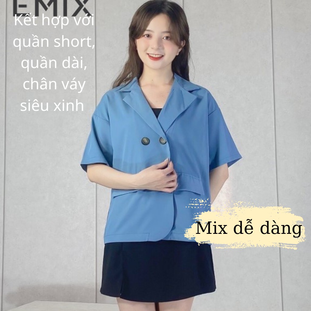 Áo khoác cổ vest EMIX (màu xanh), blazer, không có túi, cộc tay, form rộng, dáng dài, chất trượt hàn mềm mịn