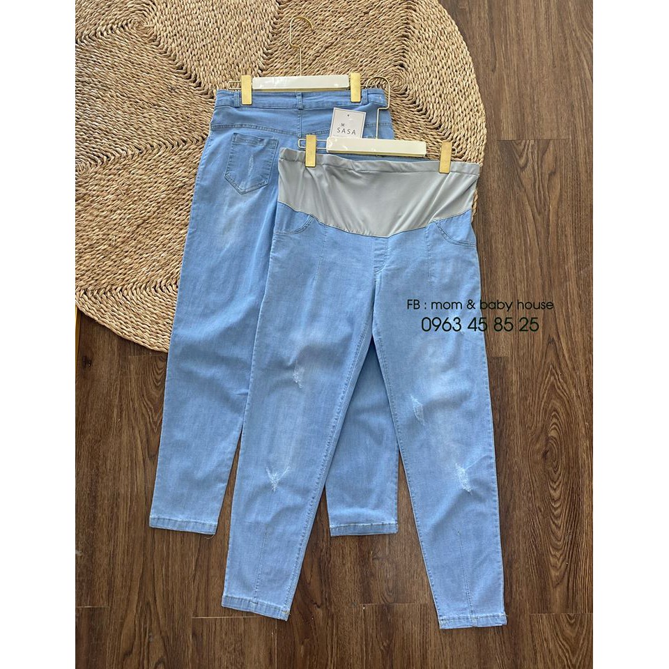 Quần baggy jean bầu xanh mặc suốt thai kì