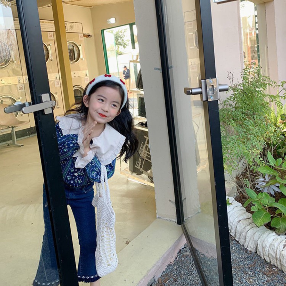 Set Áo Sơ Mi Hoa + Quần Jeans Ống Loe Phong Cách Hàn Quốc Cho Bé Gái