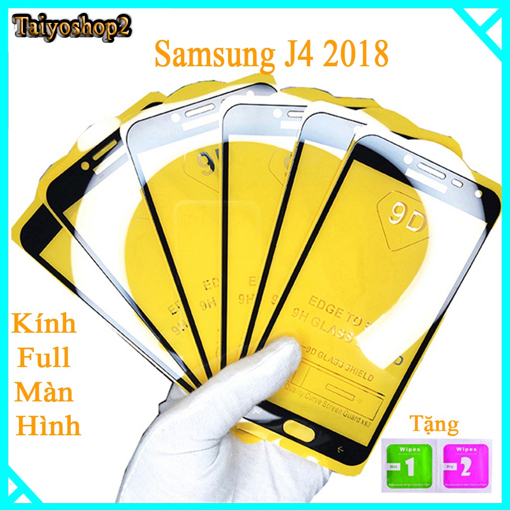 Kính cường lực Samsung J4 2018  full màn hình, Ảnh thực shop tự chụp, tặng kèm bộ giấy lau kính taiyoshop2