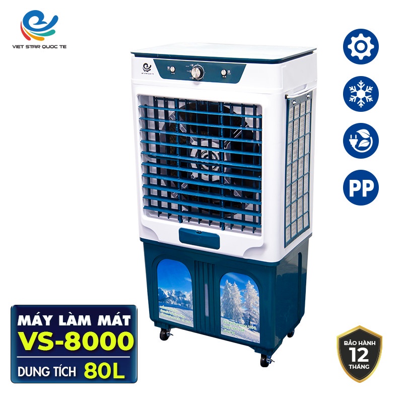 Quạt hơi nước VIET STAR VS-8000-Ngắt Nước Tự Động- Công suất 150W -80L -Làm lạnh 4 chiều-Tặng 2 đá khô-bảo hành 12 tháng