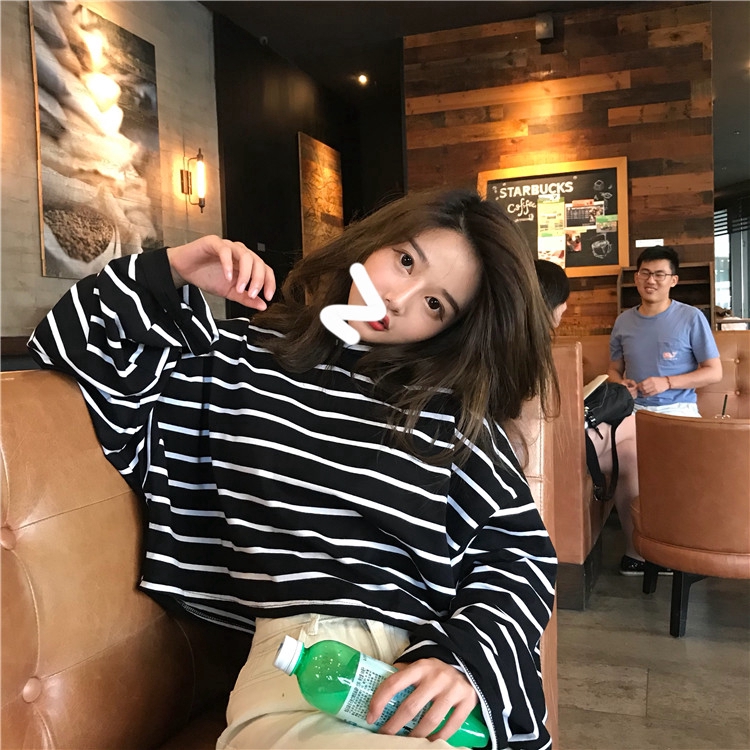 Áo Thun Nữ Tay Dài Dáng Rộng Kẻ Sọc Ngang Phong Cách Hàn Quốc