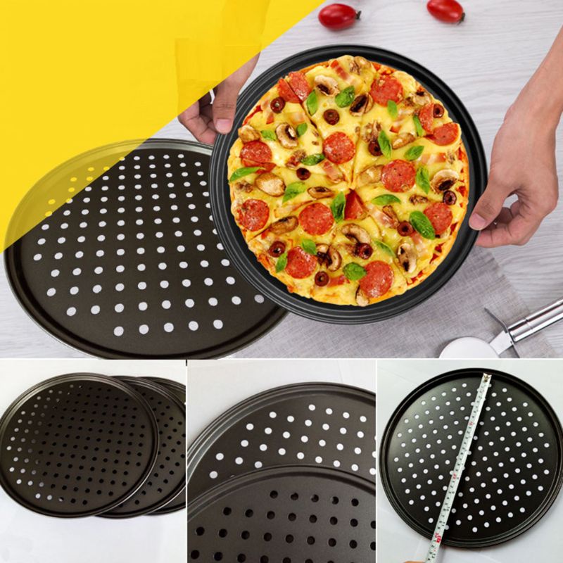 Khuôn nướng bánh pizza 9/10/11/12 inch làm từ thép carbon chống dính có lỗ thoáng khí dụng cụ nấu ăn cho nhà bếp