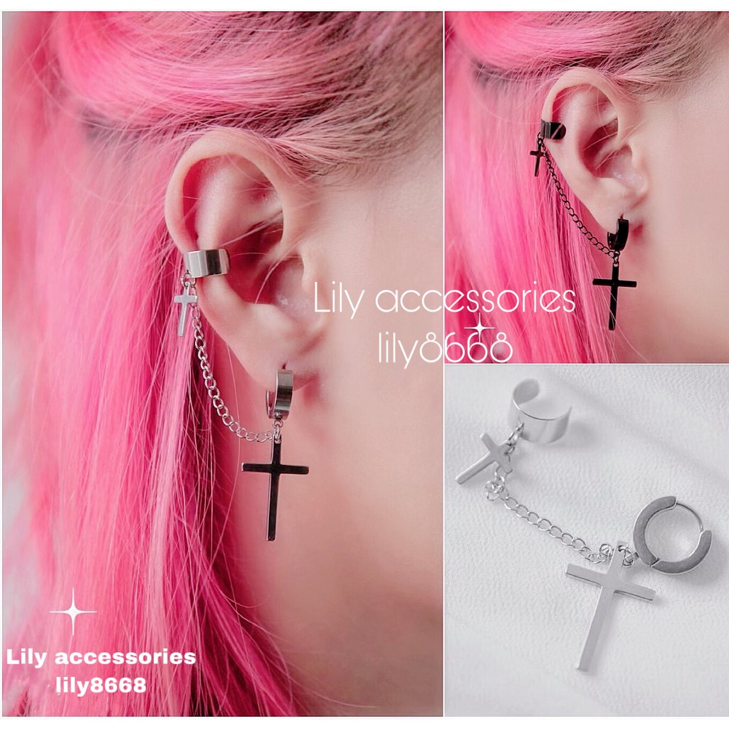 Chain Earcuff With Ring Cross khuyên xỏ và kẹp vành tai titan thánh giá không gỉ không đen không dị ứng nam nữ