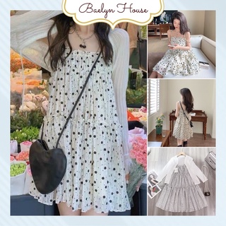 Set váy trắng hoa nhí 2 dây dáng babydoll kèm áo khoác Đầm hai dây babydoll hở lưng 3 tầng tiểu thư bèo nhún vintage