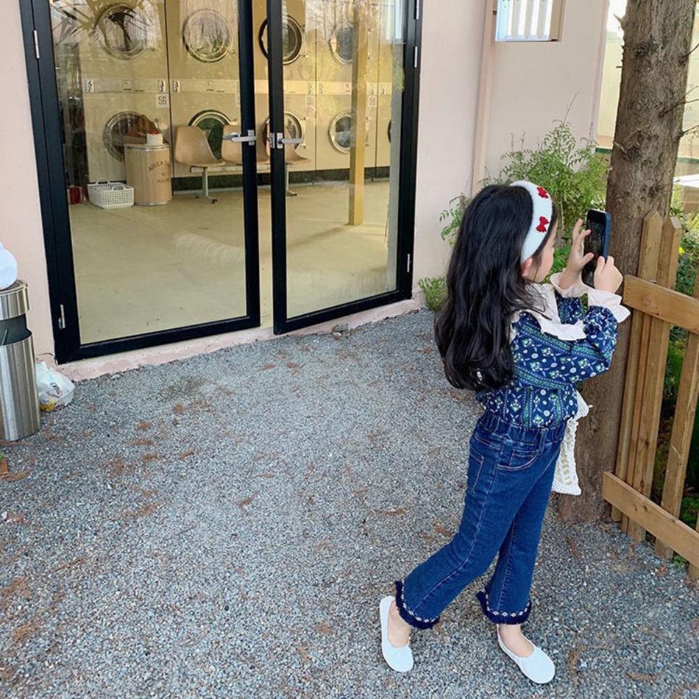 Set Áo Sơ Mi Hoa + Quần Jeans Ống Loe Phong Cách Hàn Quốc Cho Bé Gái