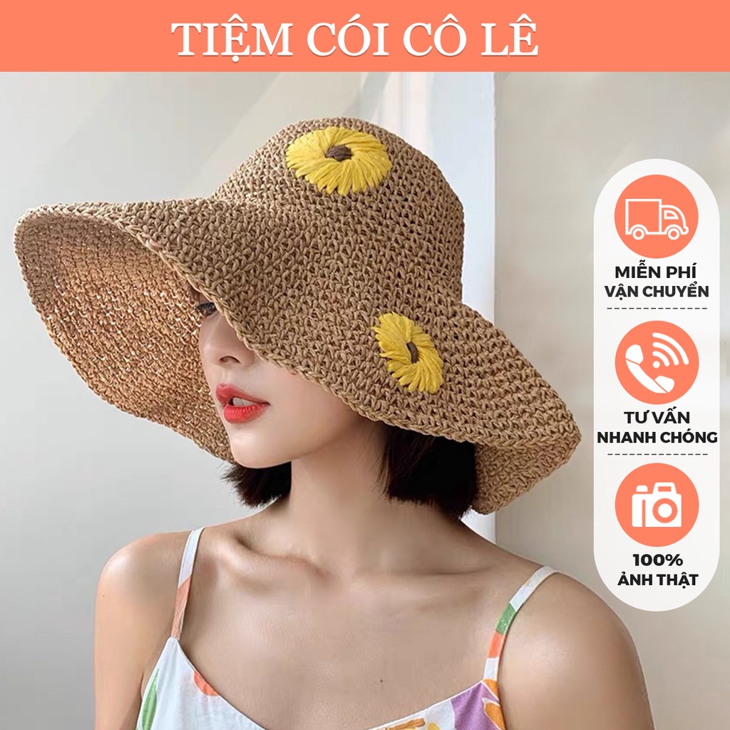 Mũ cói vành rộng đi biển thêu hoa cúc vàng xinh xắn cho bạn gái - Tiệm Cói Cô Lê