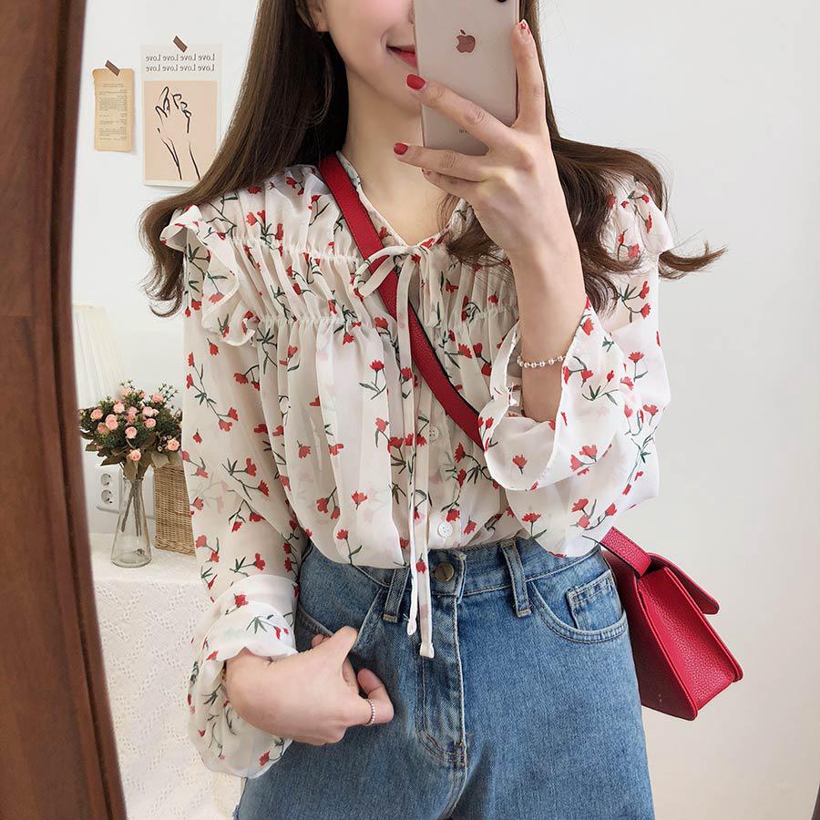 SUXI Áo sơ mi họa tiết hoa tay dài hợp thời trang cho nữ