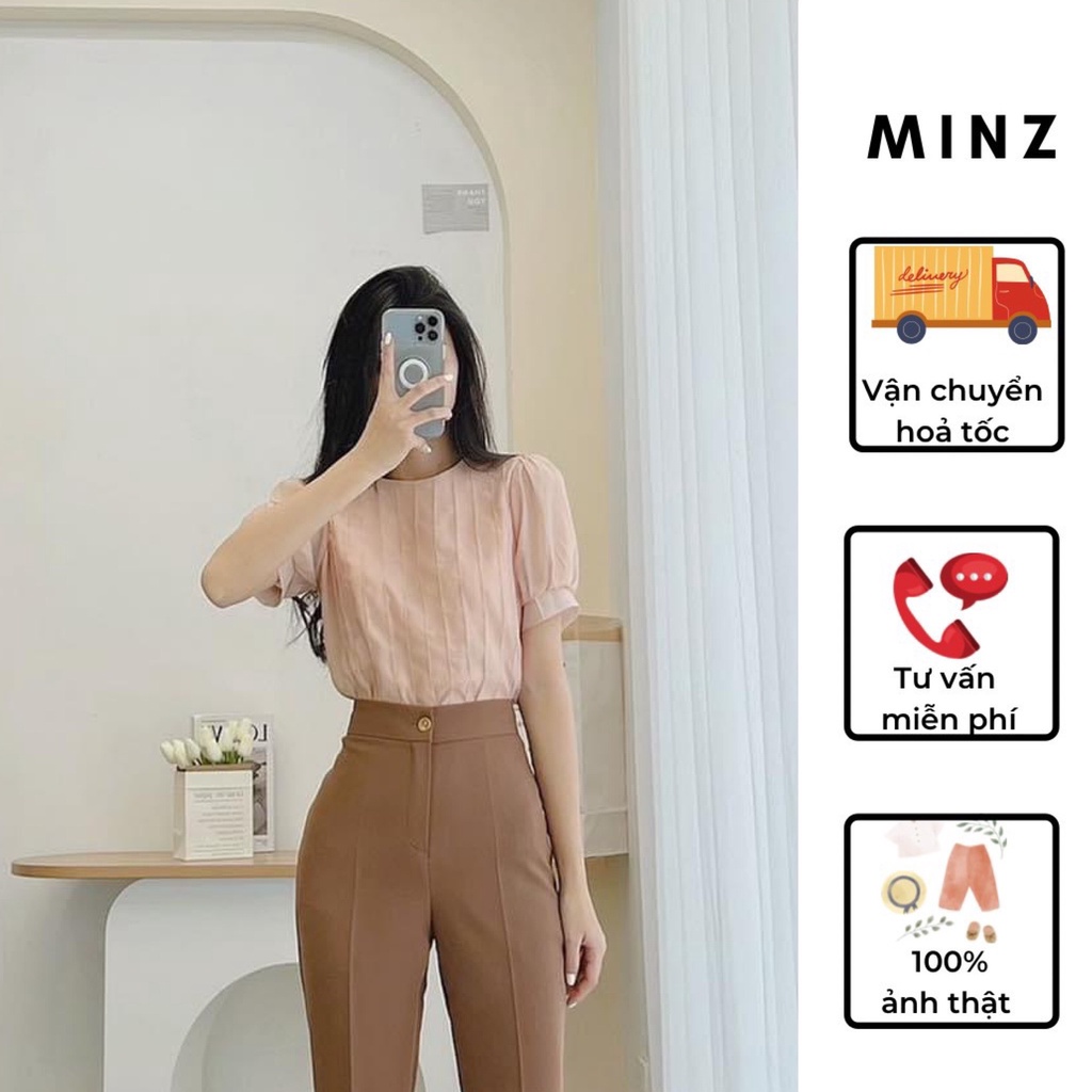 Áo Sơ Mi Công Sở Nữ Tay Cộc MINZ STORE Chất Liệu Tơ, Thiết Kế Cổ Tròn Chạy Mí Gân Dọc Thân