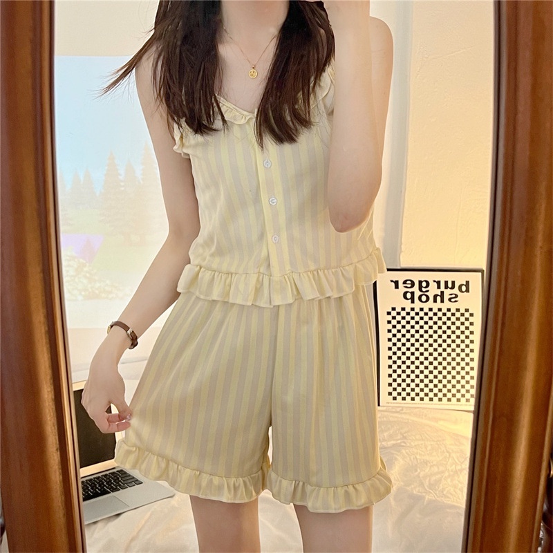 Bộ Đồ Ngủ Pijama Hai Dây Không Tay Phối Ren Phong Cách Mới Dành Cho Nữ