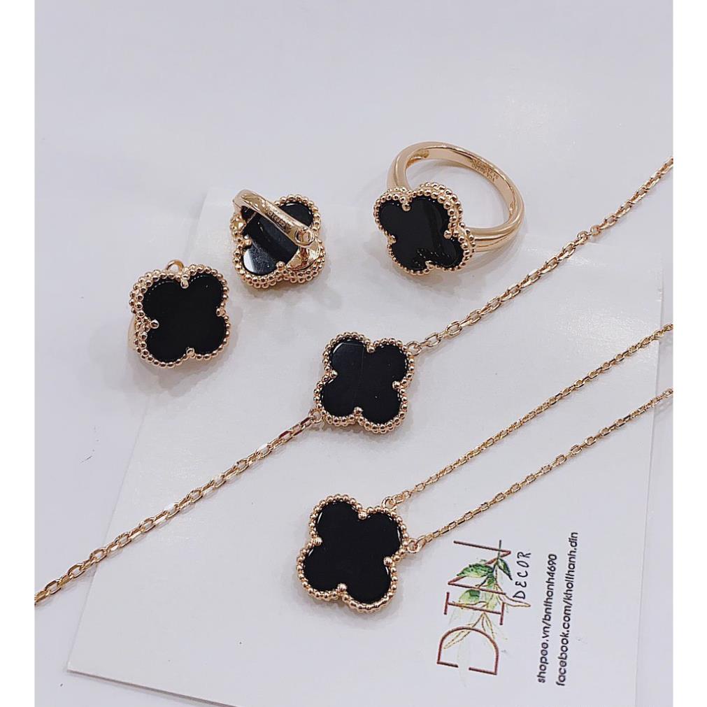 Combo Dây Chuyền, Bông Tai, Nhẫn, Lắc Tay Bạc Xi Vàng Cao Cấp Hình Hoa Đá - Hồng Thái Jewerly